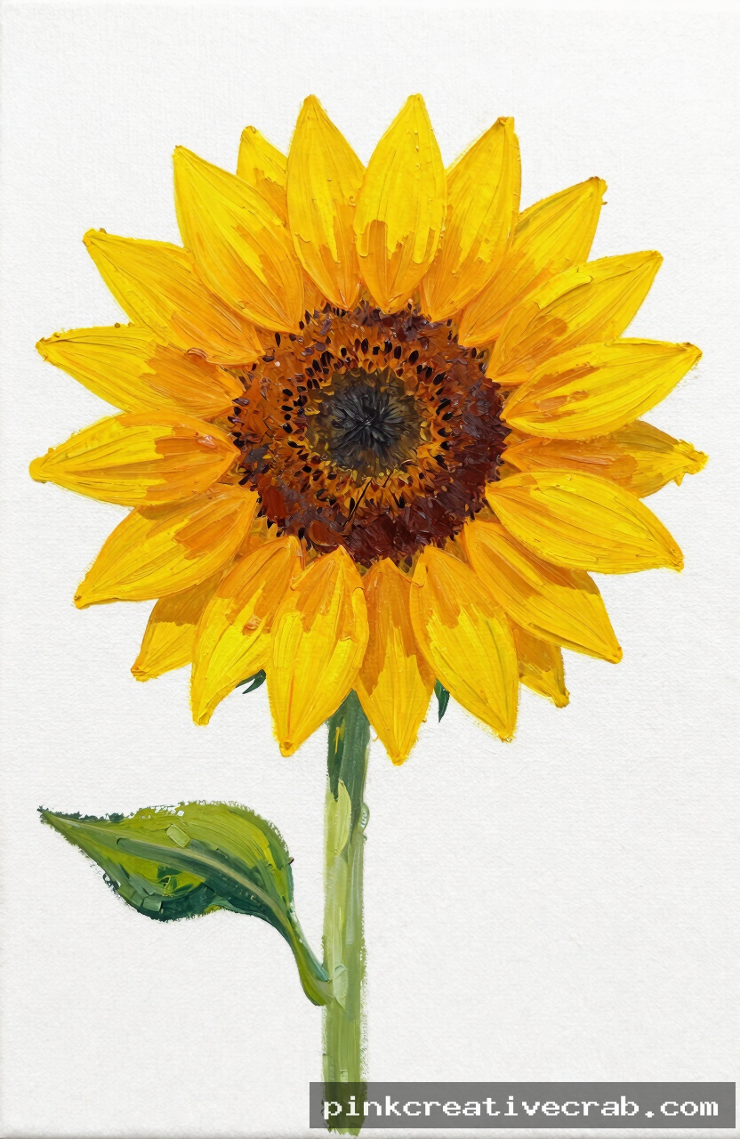 single sunflower, acrylic painting on canvas, bold yellow petals, dark brown center, green stem, white background, brigh