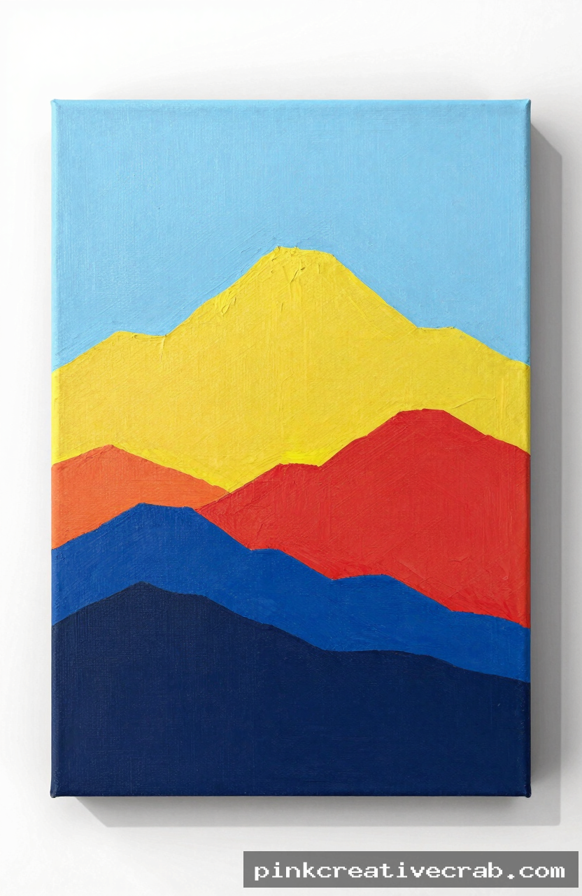 layered colorful mountain silhouettes, acrylic painting on canvas, rainbow palette, light blue sky, bold simple shapes, 