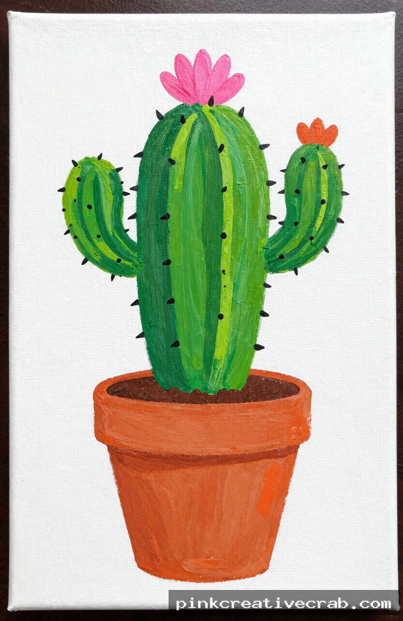 single cactus in terracotta pot, acrylic painting on canvas, green cactus body, small pink flower, orange pot, white bac