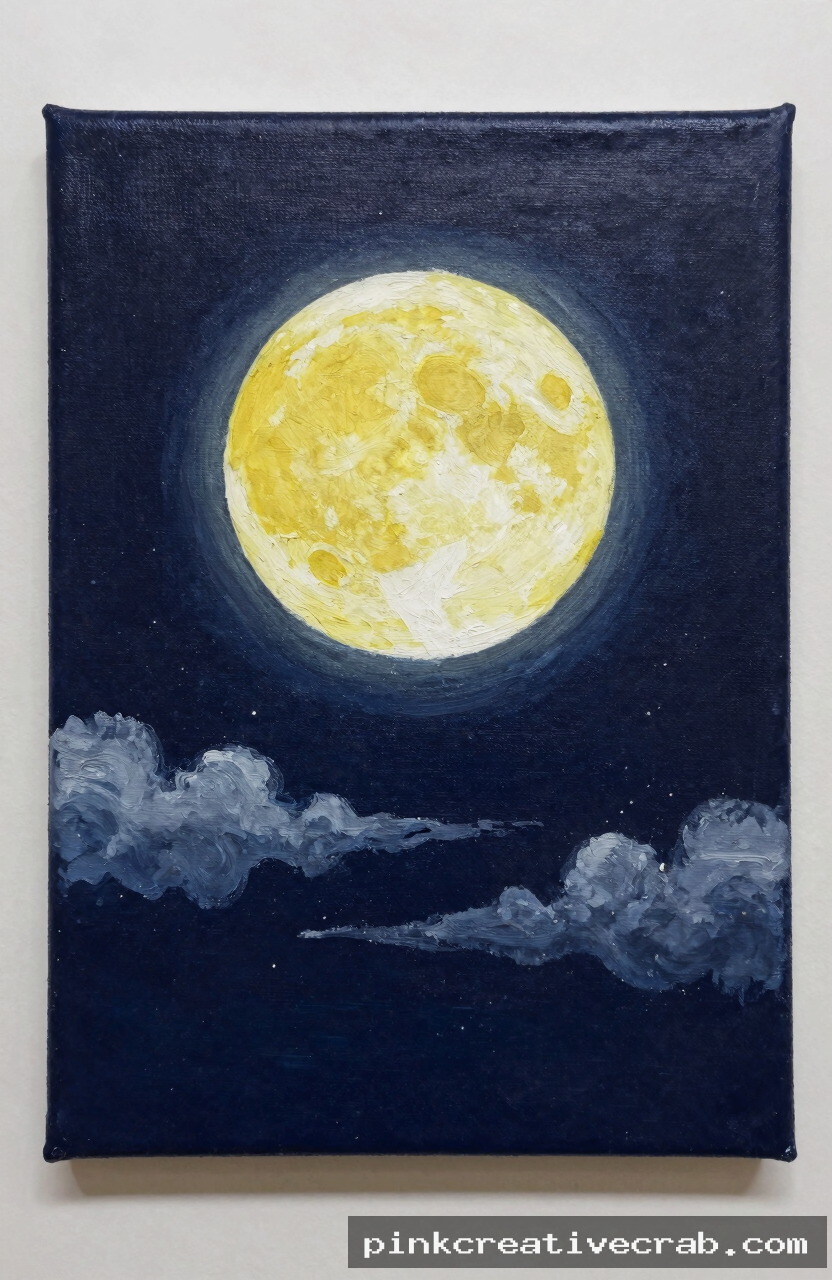 full moon in dark night sky, acrylic painting on canvas, glowing yellow white moon, dark navy blue background, soft whit