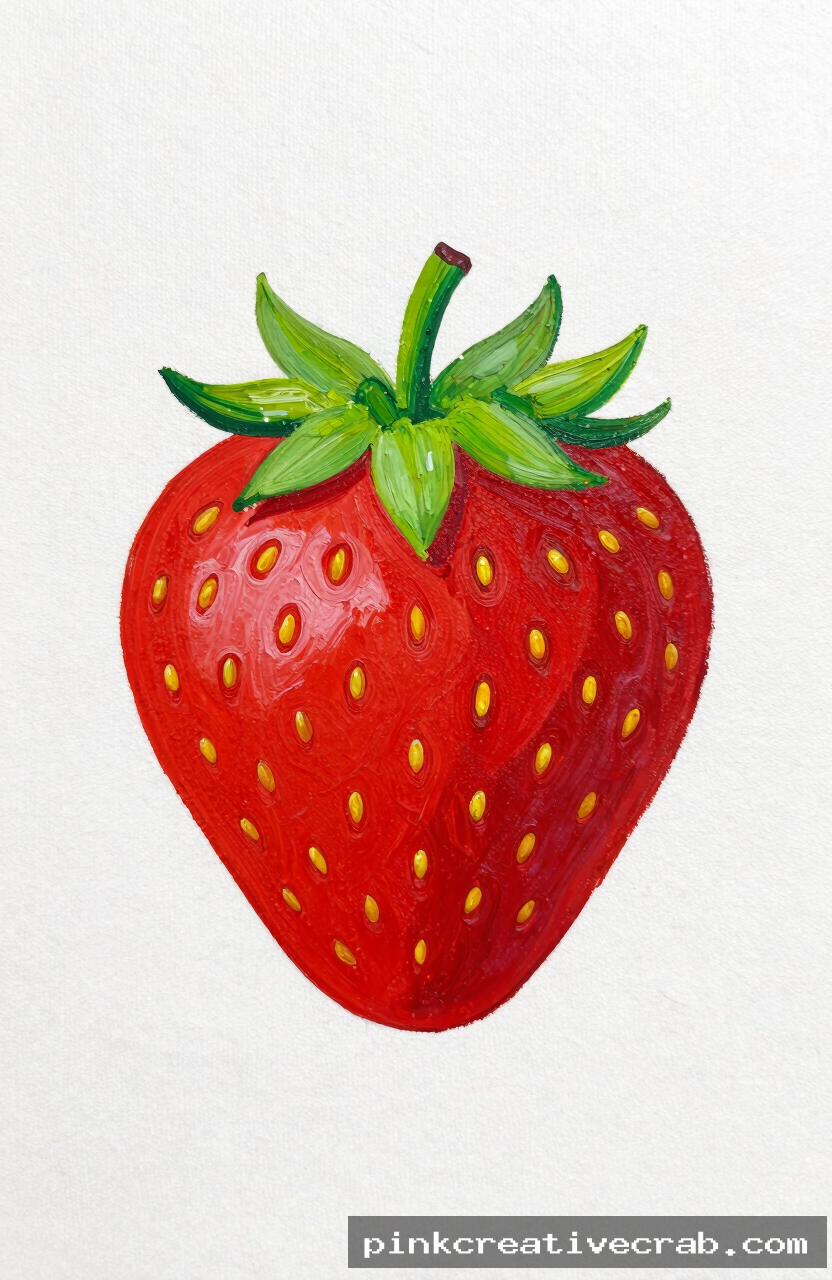 single red strawberry, acrylic painting on canvas, bright red teardrop shape, tiny yellow seeds, green leafy top, white 