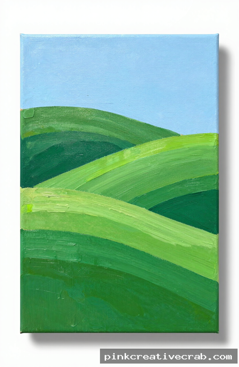 rolling green hills, acrylic painting on canvas, overlapping curved hill shapes, pale blue sky, multiple green shades, w
