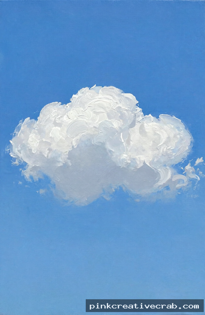 single fluffy white cloud, acrylic painting on canvas, bright blue sky background, soft rounded cloud shape, subtle grey