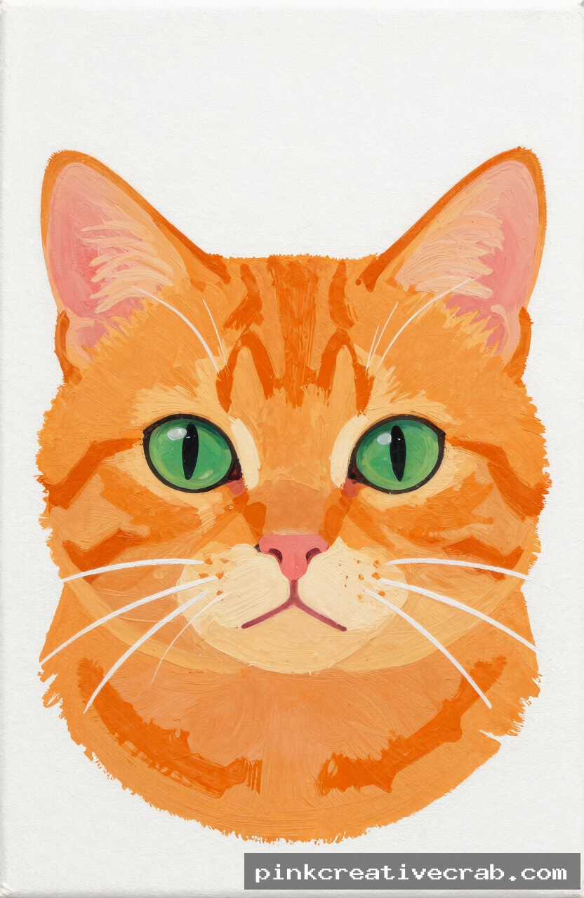 simple orange tabby cat face, acrylic painting on canvas, round orange head, green almond eyes, pink nose, white whisker
