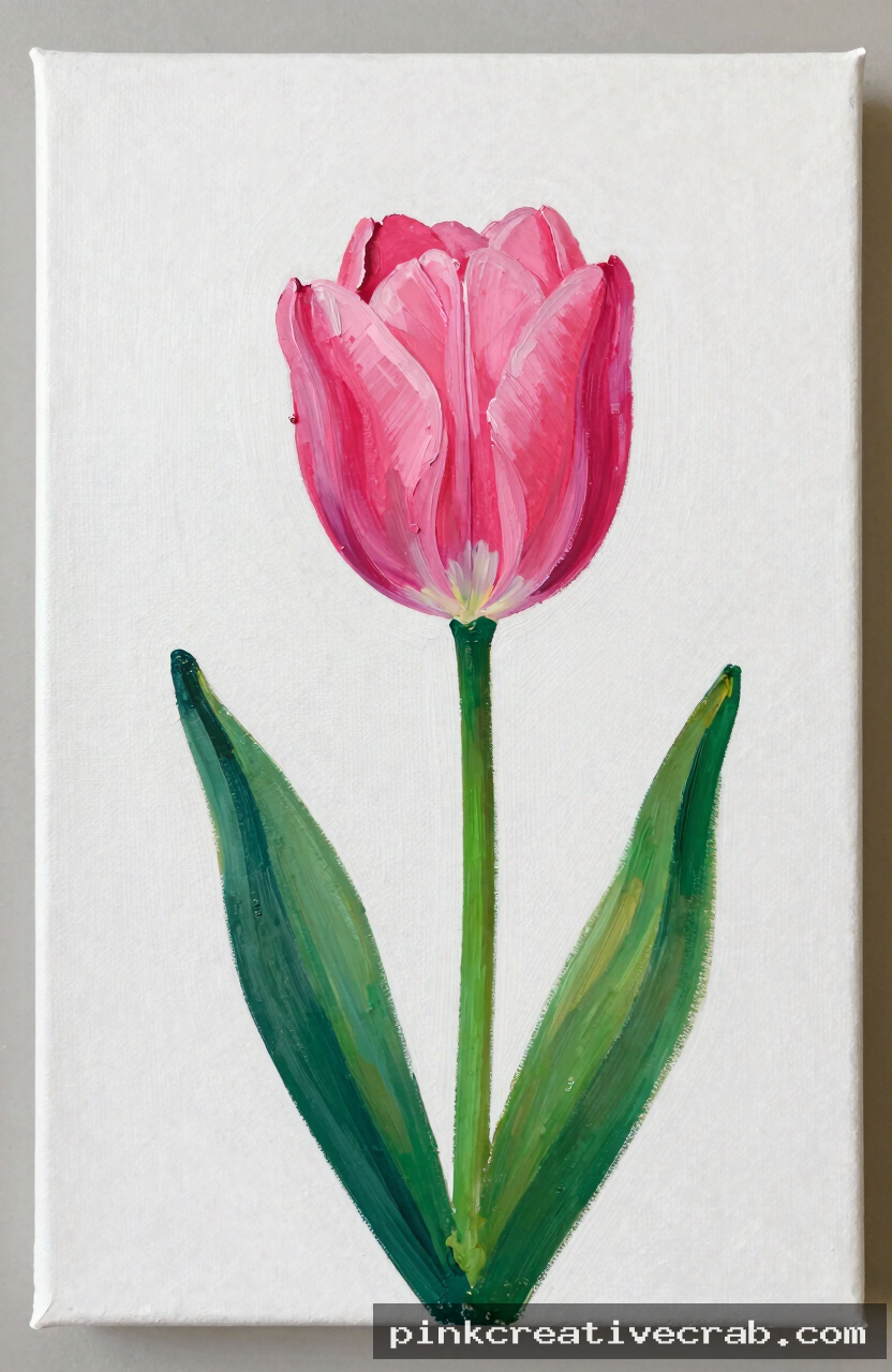 single pink tulip in bloom, acrylic painting on canvas, tall green stem with one leaf, bright pink petals, white backgro