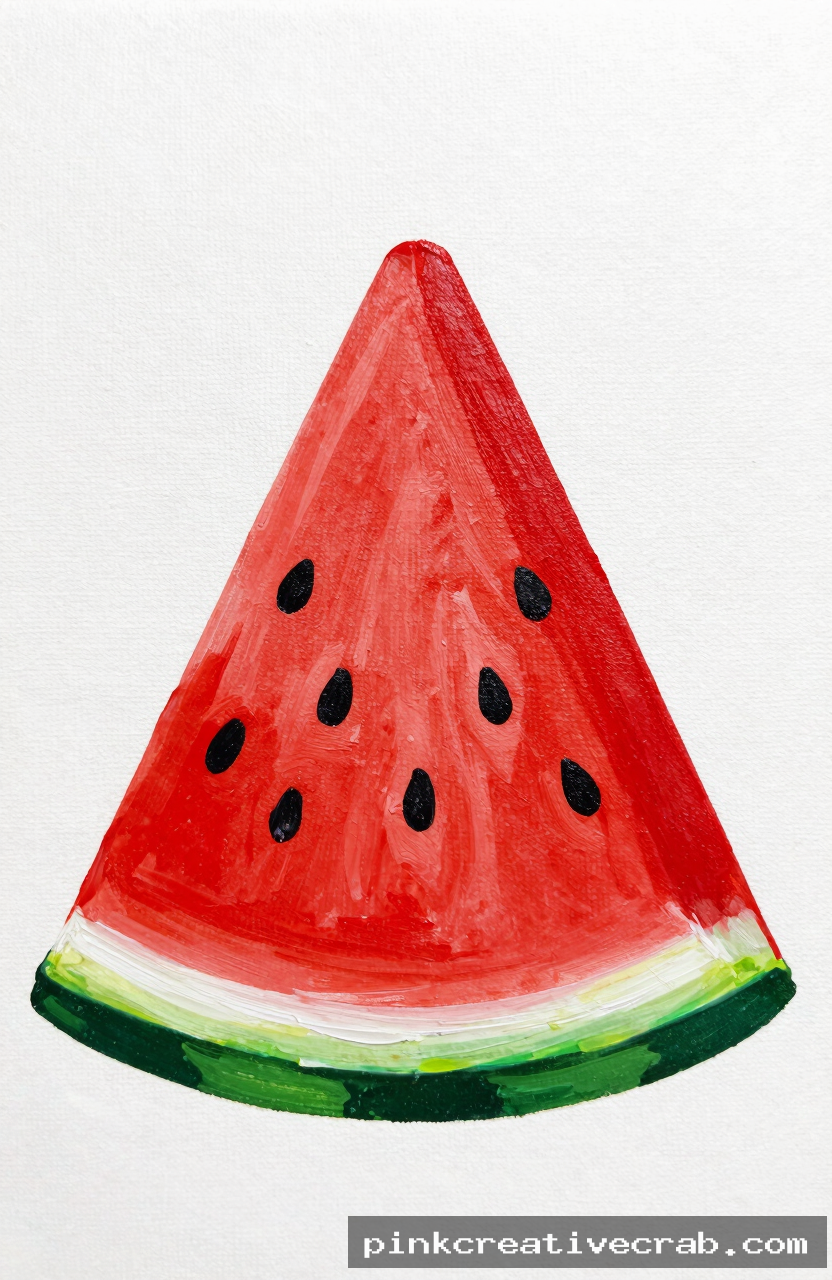 single watermelon slice, acrylic painting on canvas, bright red triangle, thin white stripe, green border, small black s