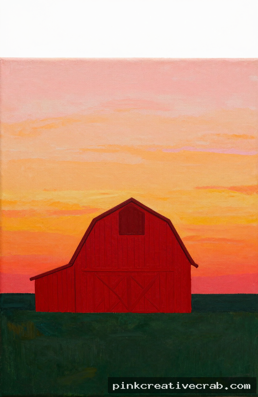 simple red barn silhouette at sunset, acrylic painting on canvas, warm orange pink yellow sky, dark red barn shape, flat