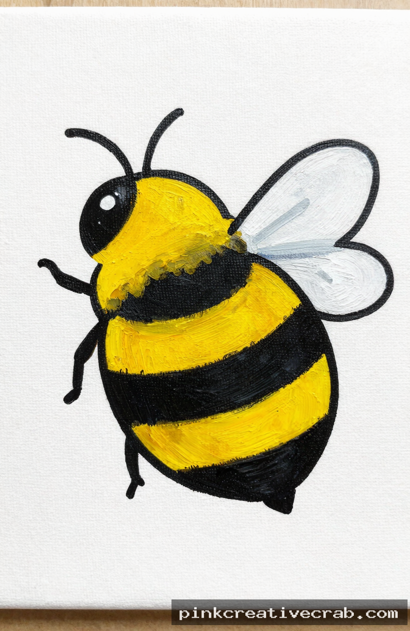single cute bumble bee, acrylic painting on canvas, yellow oval body with black stripes, white wings, white background, 