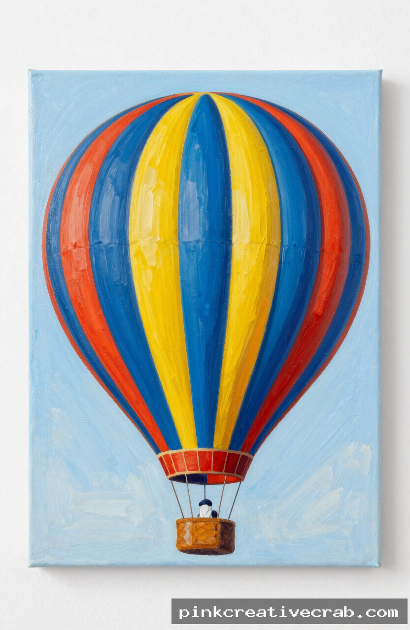 single colorful hot air balloon, acrylic painting on canvas, egg shape with bold vertical color stripes, small dark bask