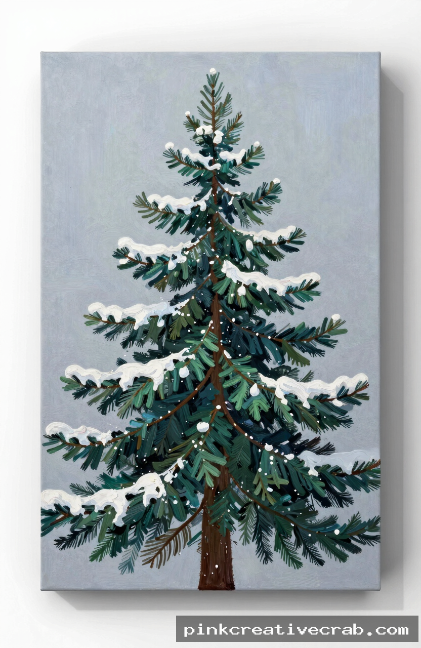single snowy pine tree, acrylic painting on canvas, dark green layered branches, white snow on tips, soft grey blue back