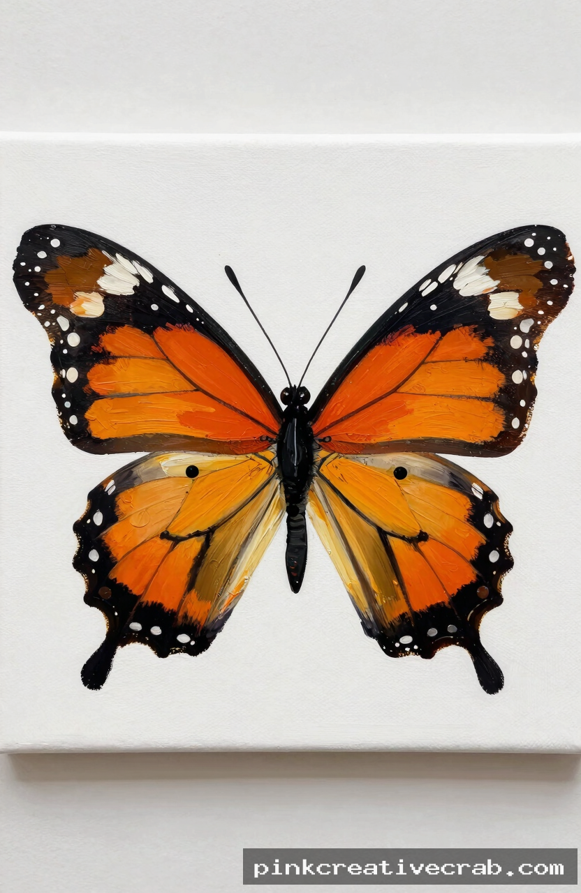 single colorful butterfly, acrylic painting on canvas, bold symmetrical wings, bright orange and black pattern, decorati