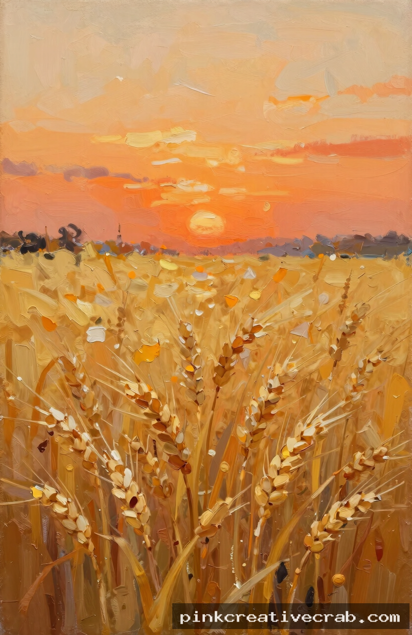 golden wheat field at sunset, acrylic on canvas, warm orange sky, loose impressionistic brushwork, uncluttered backgroun