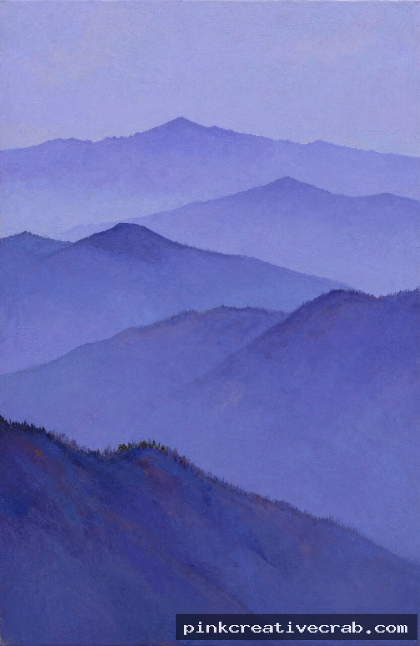 misty mountain range with layered peaks, acrylic on canvas, cool blue-purple palette, soft edges, atmospheric depth