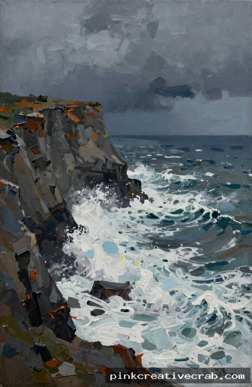 stormy coastal cliffs with crashing waves, acrylic on canvas, dark moody palette, thick impasto texture, dramatic contra