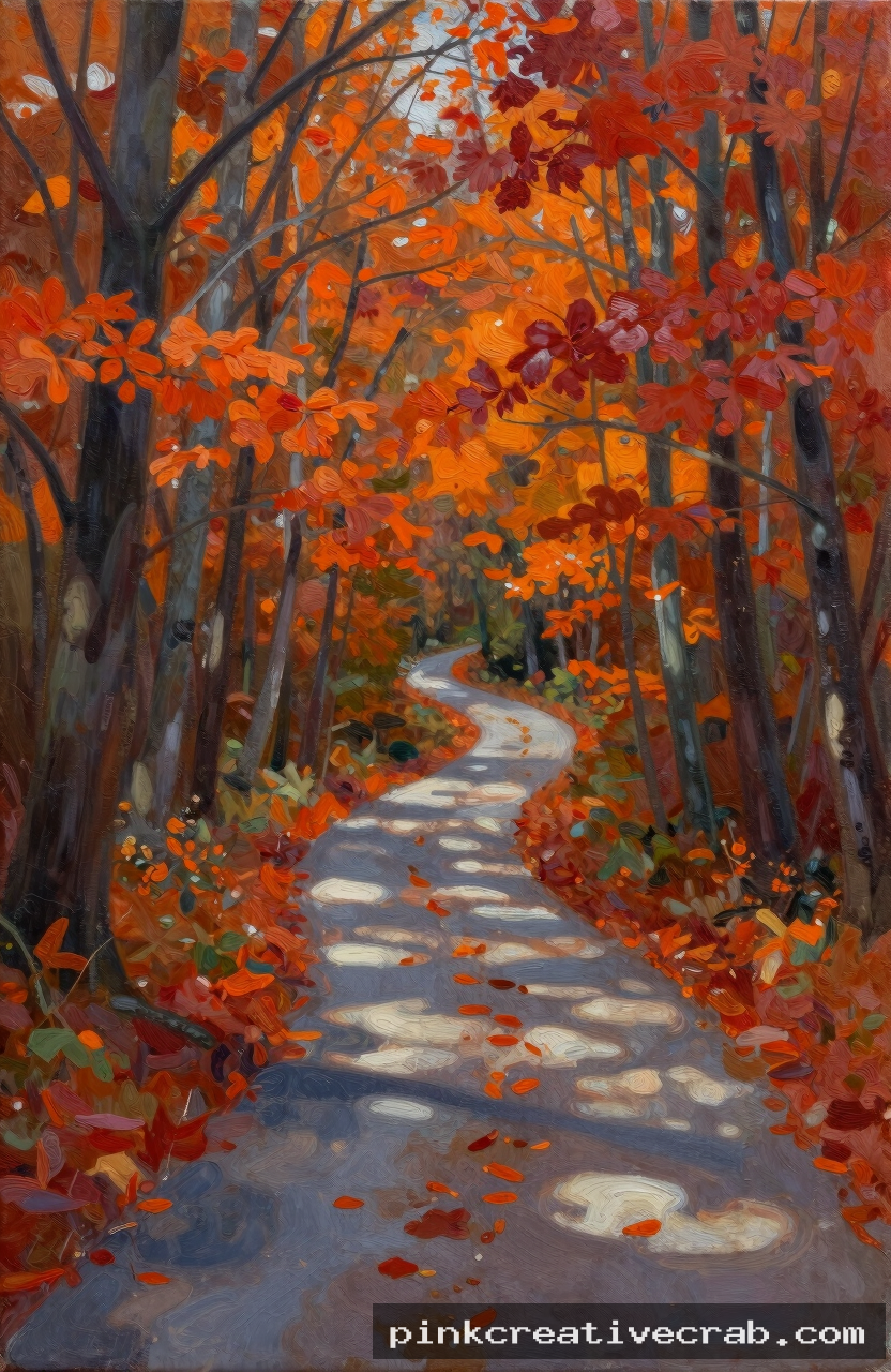 winding forest path in autumn, acrylic on canvas, warm orange and red foliage, cool shadow path, dappled light
