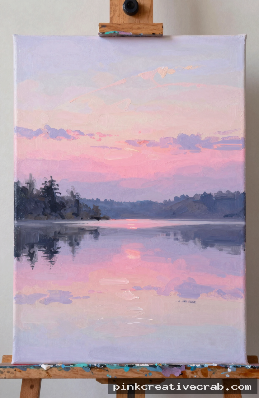 calm lake at dawn with sky reflection, acrylic on canvas, soft pink and lavender palette, horizontal brushstrokes, peace