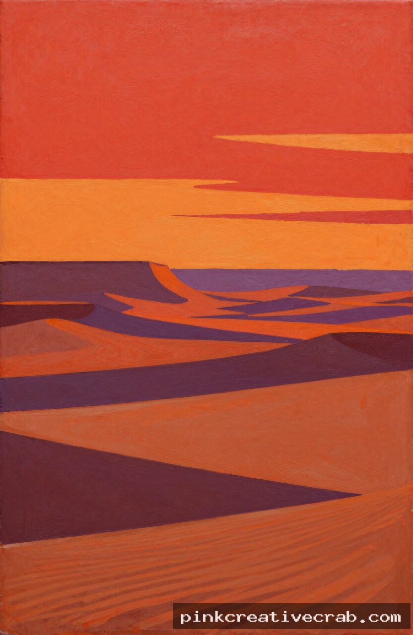 desert mesa at sunset, acrylic on canvas, warm red and orange palette, flat graphic shapes, long purple shadows
