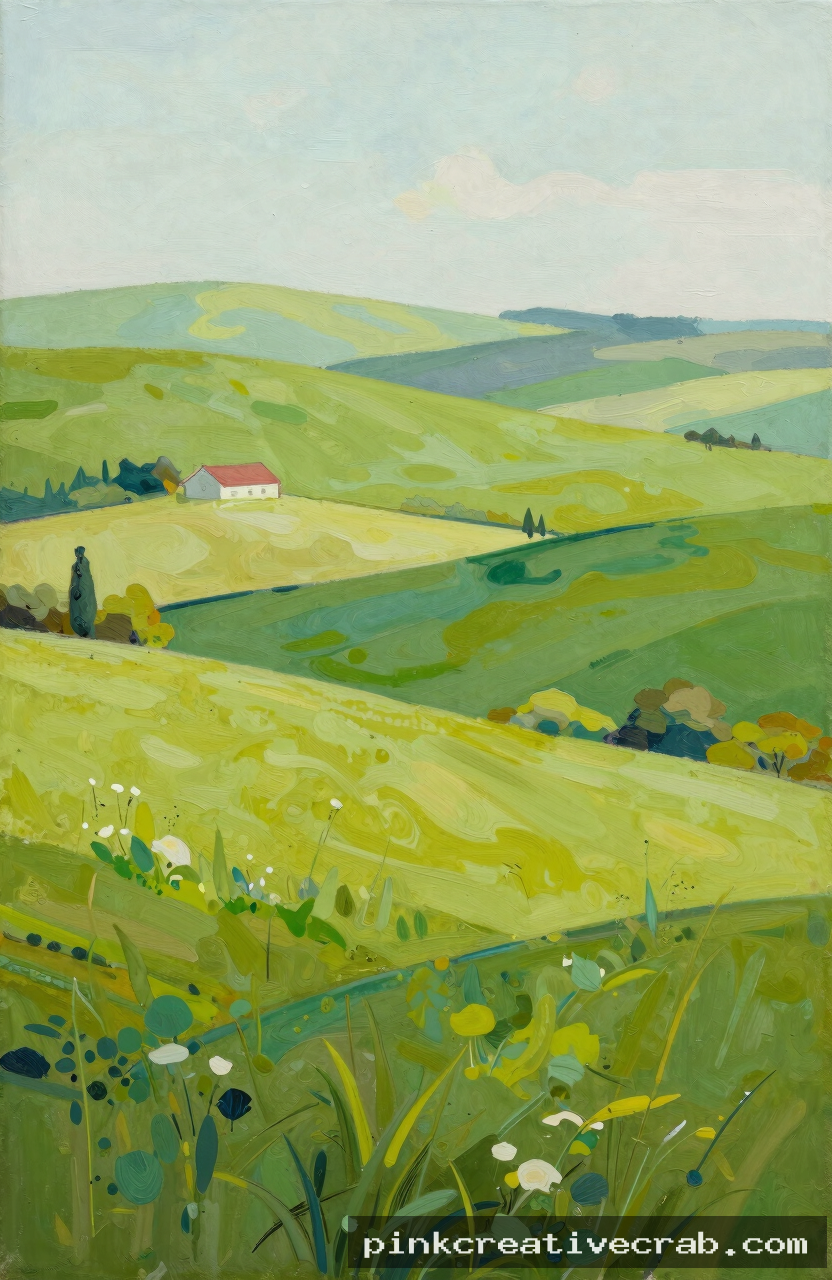 rolling green countryside with hills, acrylic on canvas, varied greens, small farmhouse in middle ground, bright cheerfu