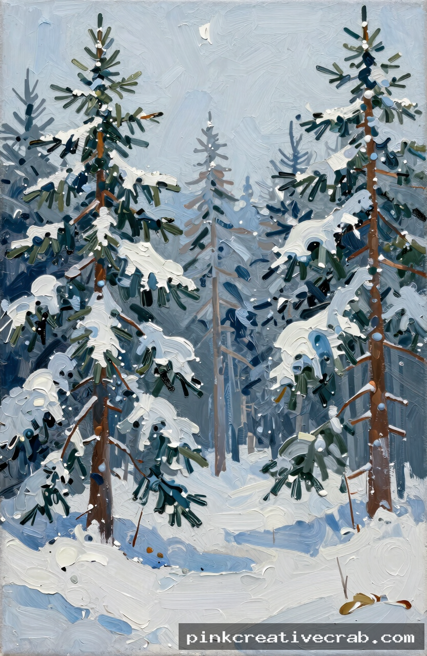 snowy pine forest in winter, acrylic on canvas, cool blue-white palette, dark green pine trees, thick impasto snow