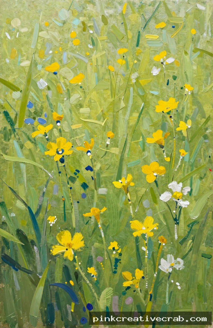 wildflower meadow in summer, acrylic on canvas, bright scattered flowers, loose expressive brushwork, green and yellow t