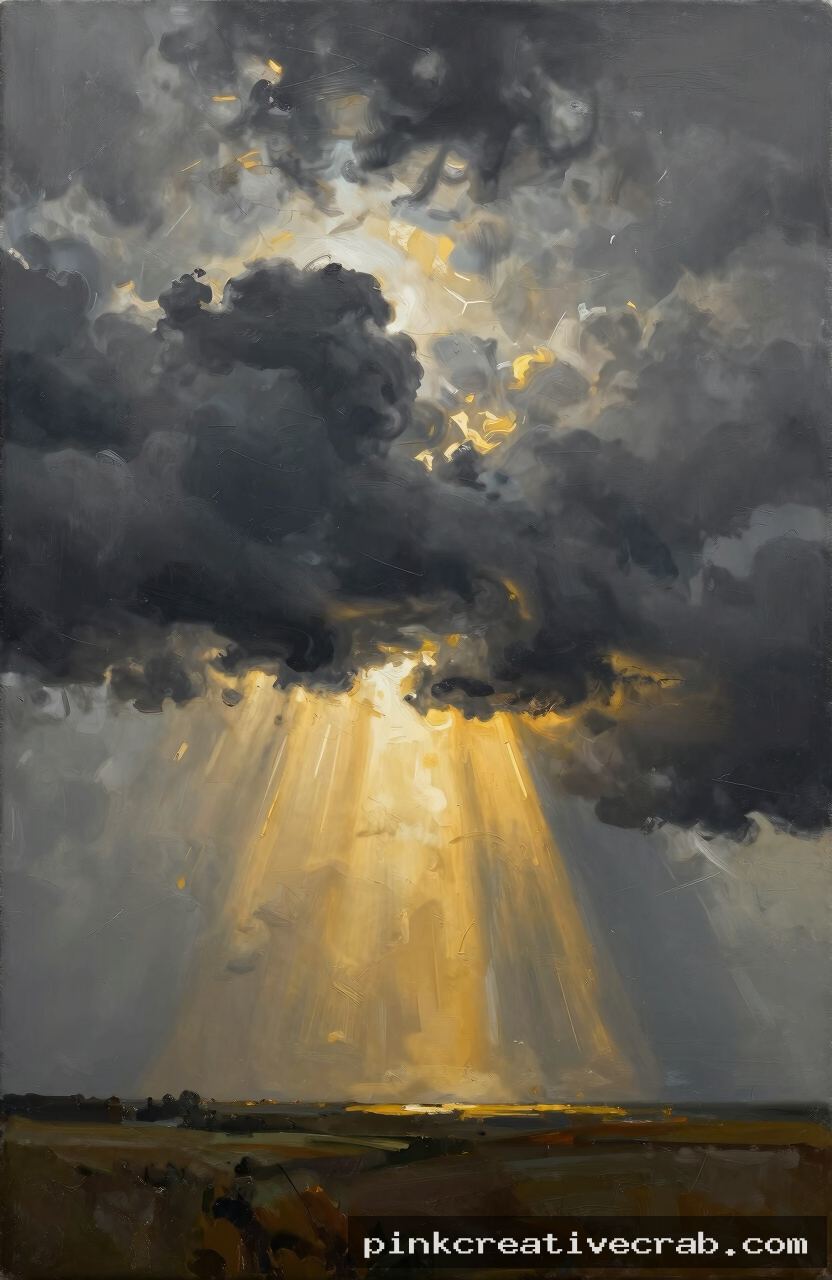 dramatic thunderstorm sky over flat landscape, acrylic on canvas, dark grey clouds, burst of golden light, high contrast