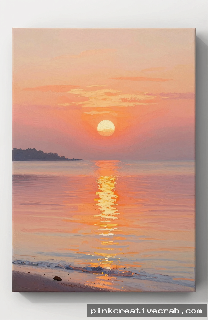 coastal sunrise over calm water, acrylic on canvas, warm orange and pink sky, golden light reflection on sea, simple sho