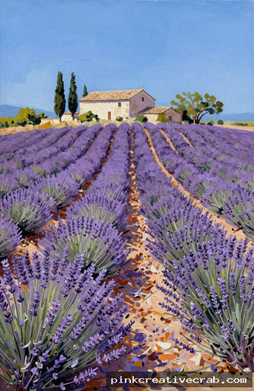 lavender field rows in Provence, acrylic on canvas, purple rows converging to farmhouse, bright blue sky, cypress trees