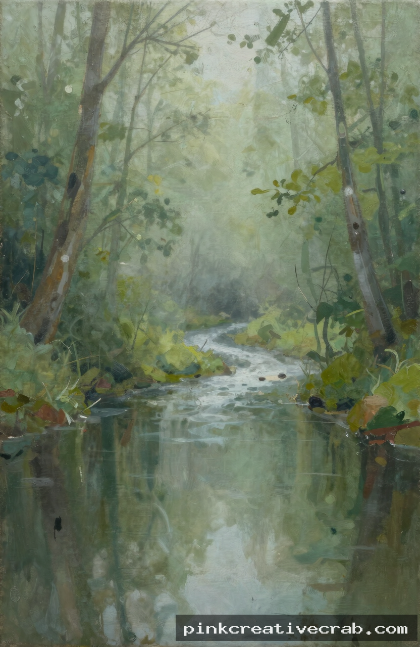 foggy river through woodland, acrylic on canvas, soft muted greens, misty tree silhouettes, blurred reflections in water