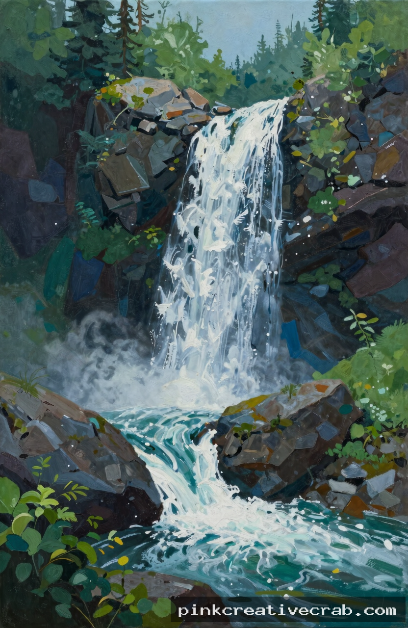 rocky mountain waterfall, acrylic on canvas, white rushing water over dark rocks, cool blue-green palette, lush green su