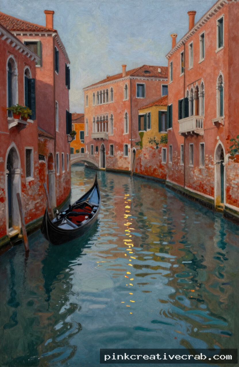 Venetian canal at dusk, acrylic on canvas, warm terracotta buildings, cool blue-green water, shimmering reflections, gon