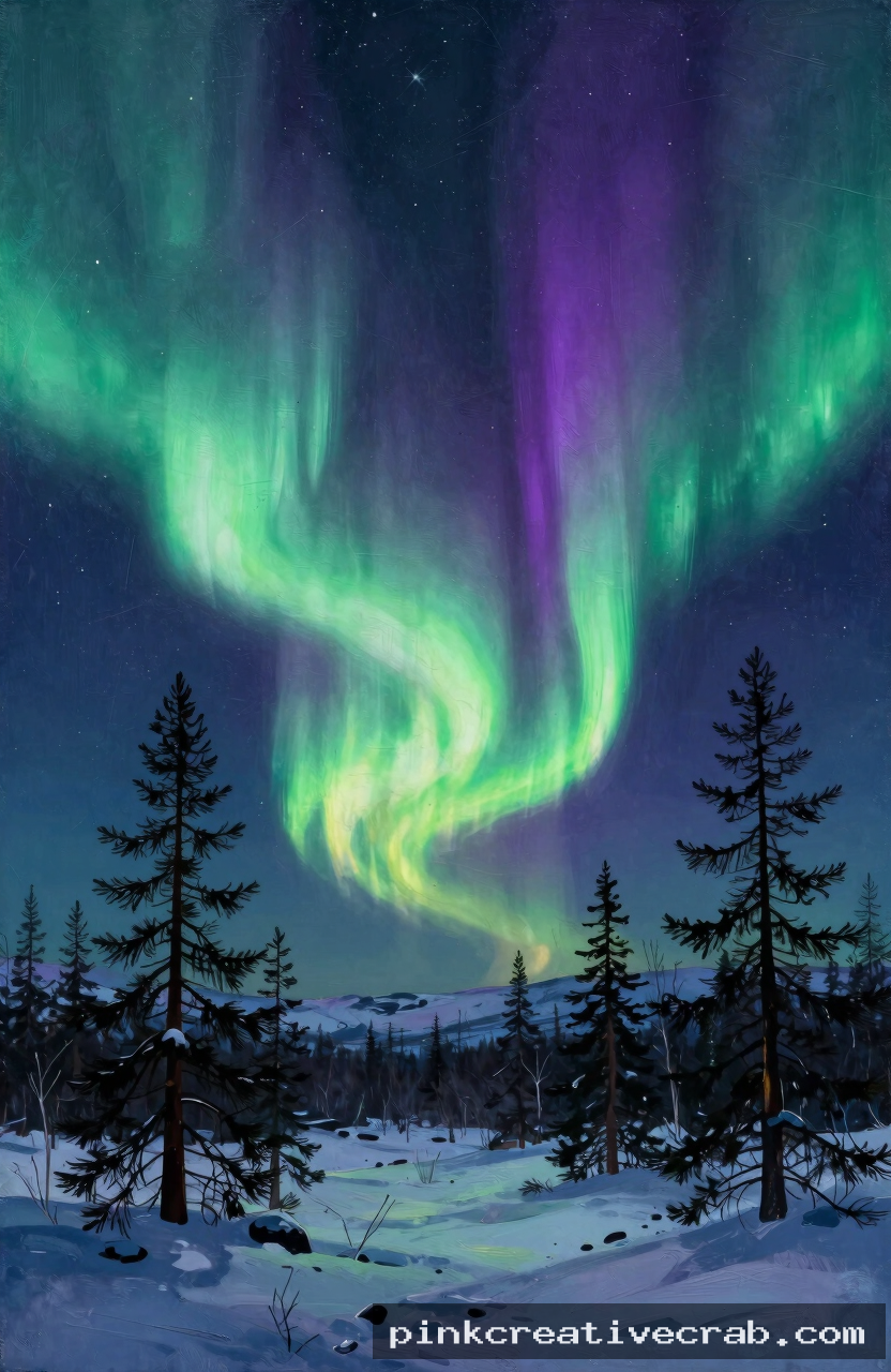northern lights over snowy tundra, acrylic on canvas, glowing green and purple aurora, dark sky, spruce tree silhouettes
