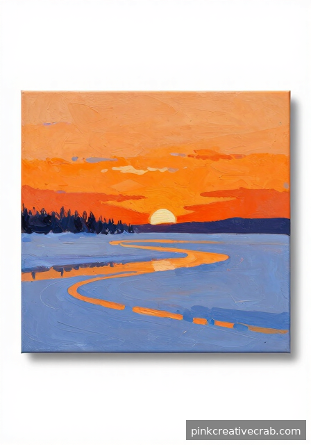 Acrylic Painting Sunset Over a Snowy Winter Landscape