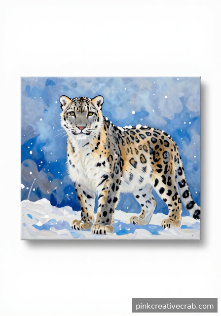 Atmospheric Snow Leopard in Falling Snowflakes