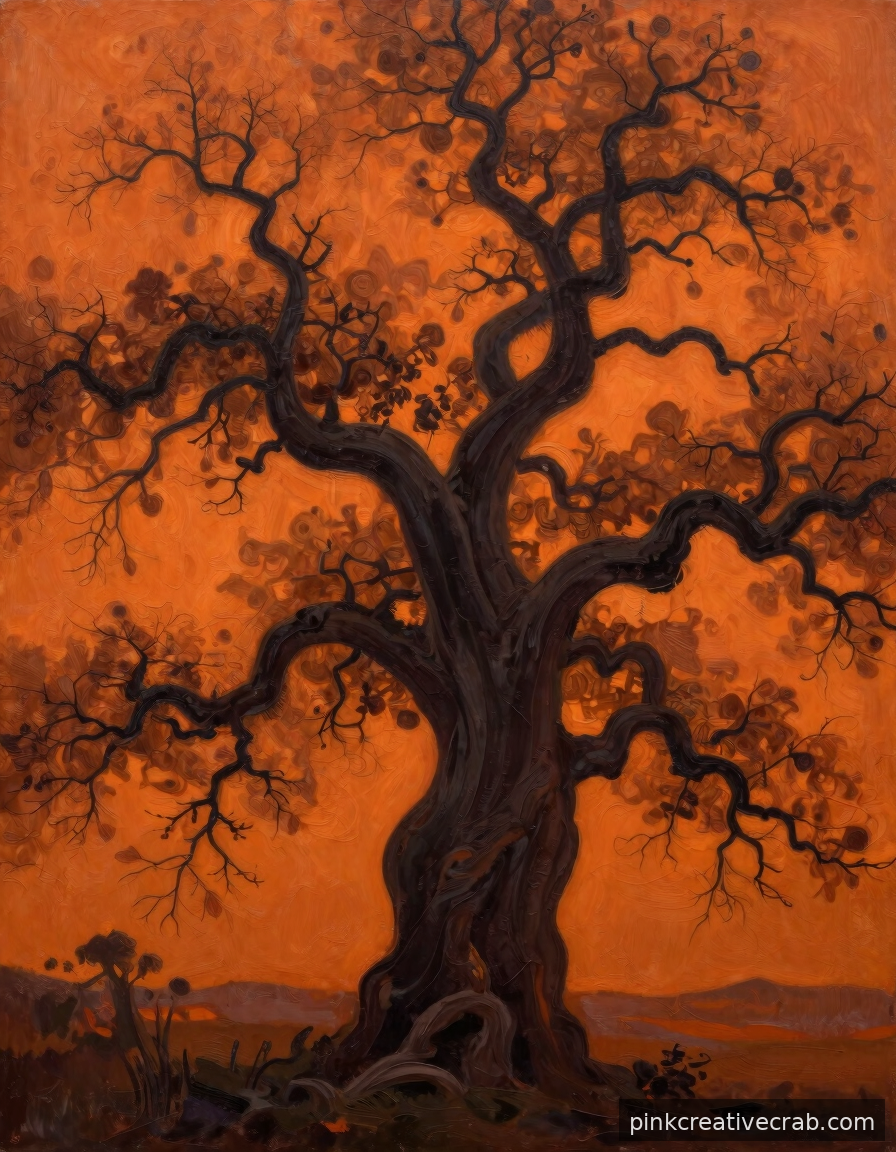 Twisted Oak Tree Against a Burnt Orange Sky — Spooky, Stunning, and Totally Achievable