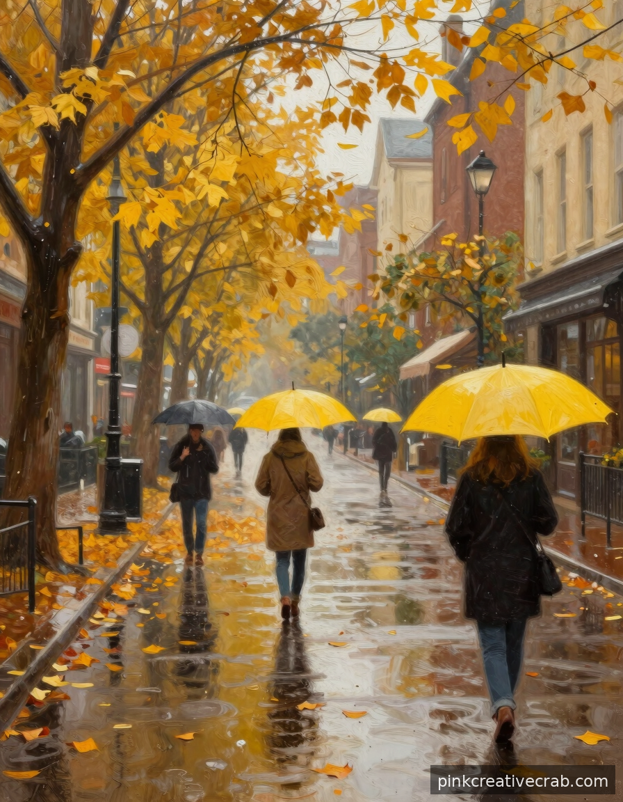 Rainy Autumn Street With Yellow Umbrellas That Looks Like a Scene From a Film