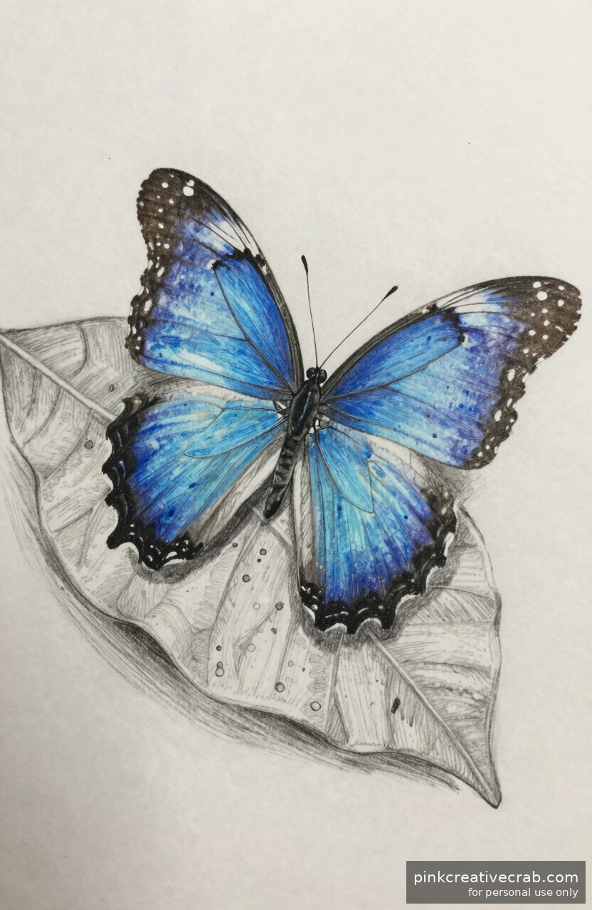 Tiny Blue Morpho on a Leaf