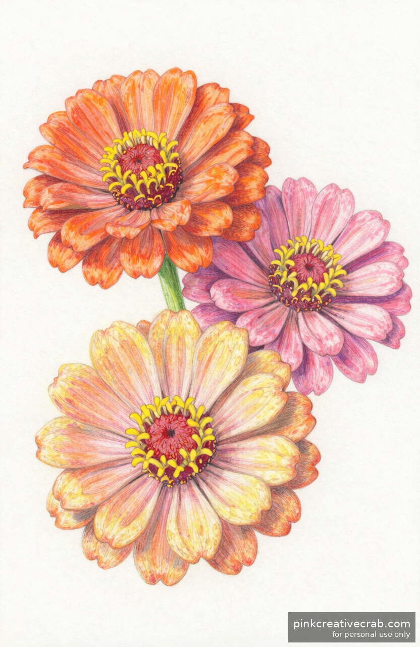Colourful Pencil Drawing Zinnia