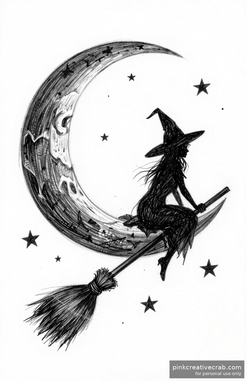 Delicate Witch Drawing Pencil Moon Scene