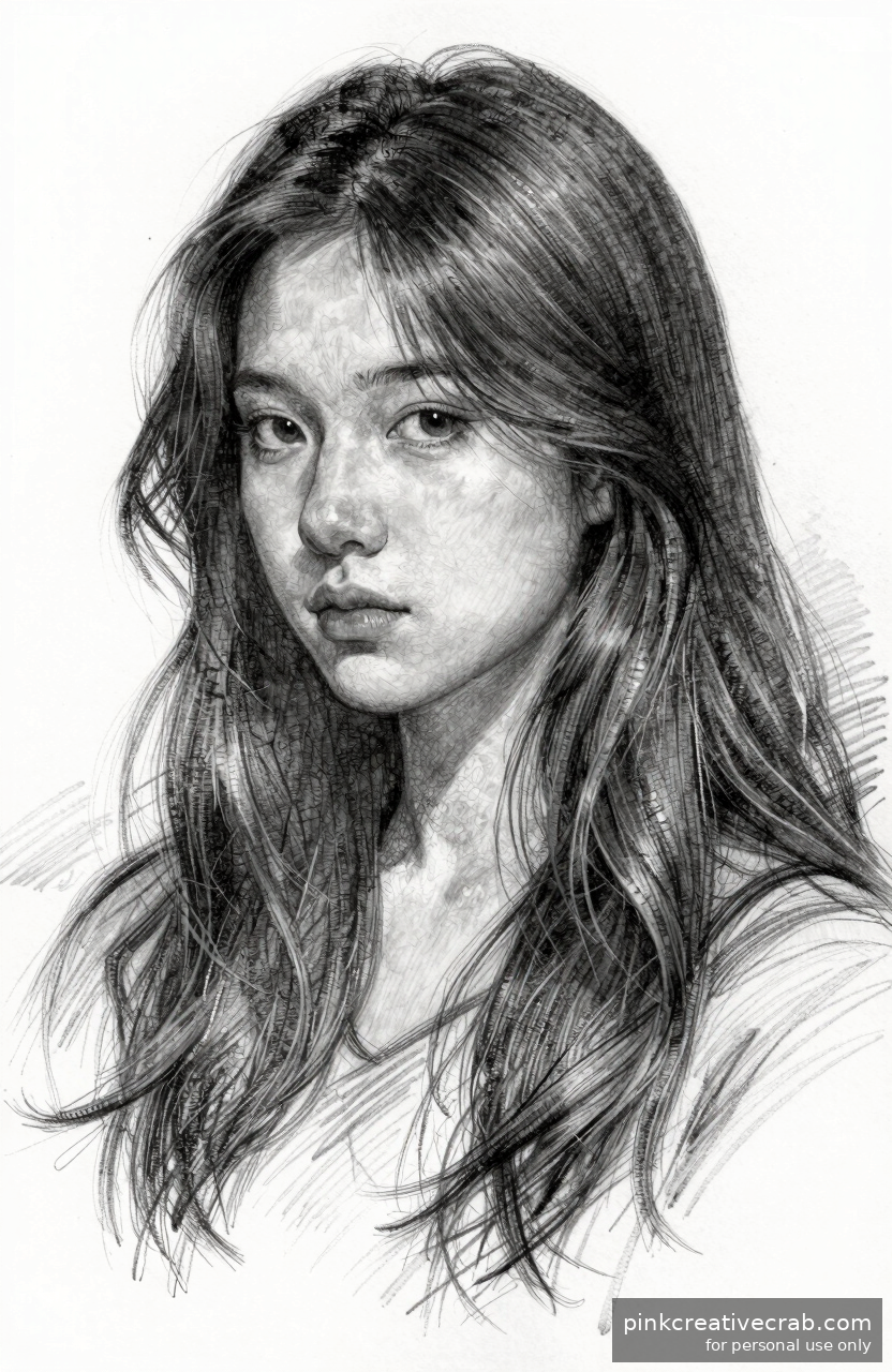 Girl Pencil Drawing with Flowing Hair