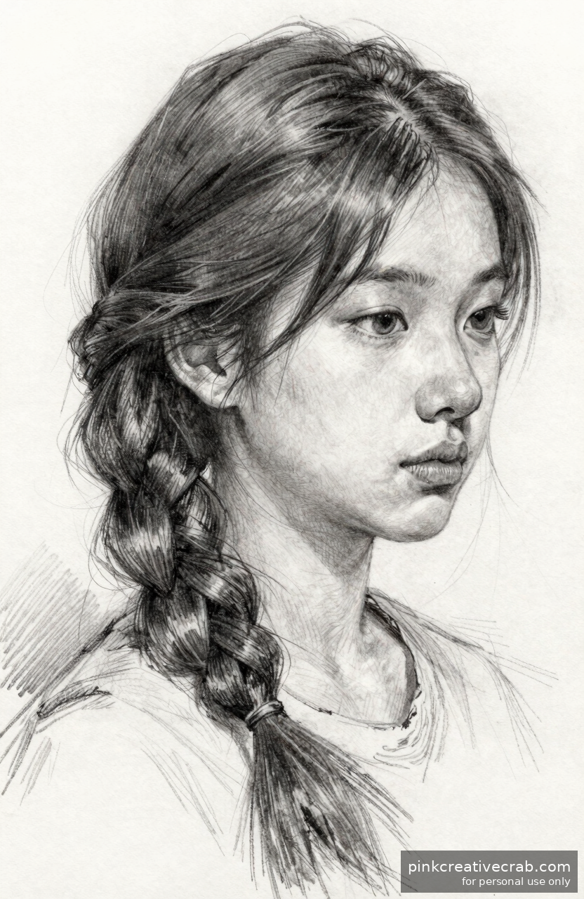 Delicate Girl Pencil Drawing of Braids