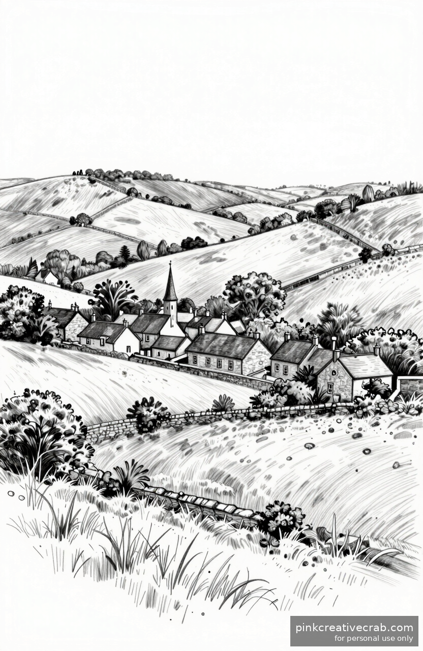 Rolling Hillside Village Sketch