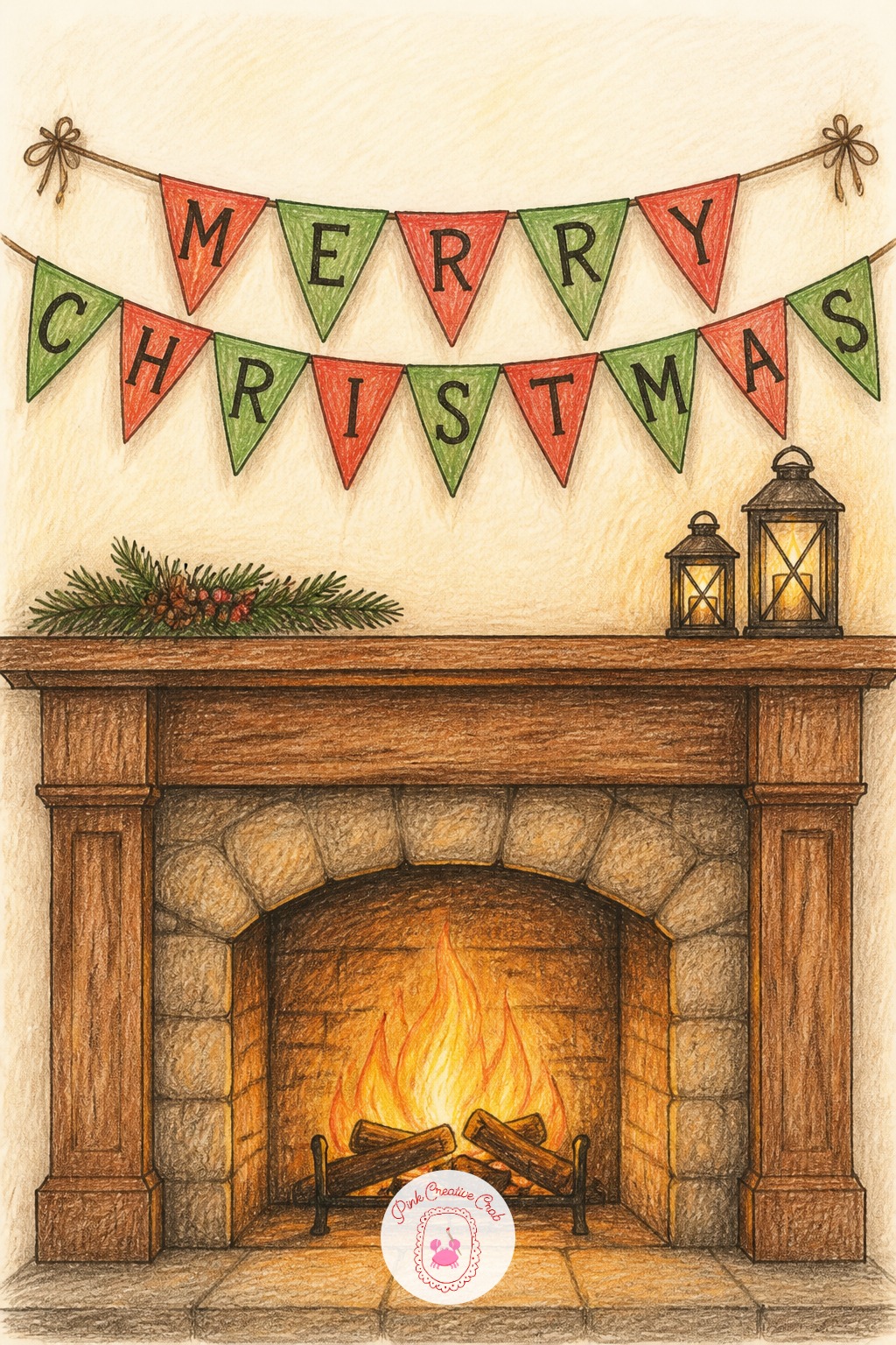 Fireplace Bunting Banner — Sketch the mantel as a plain rectangle with a few logs stacked below, then string a line of small triangle flags across the top.