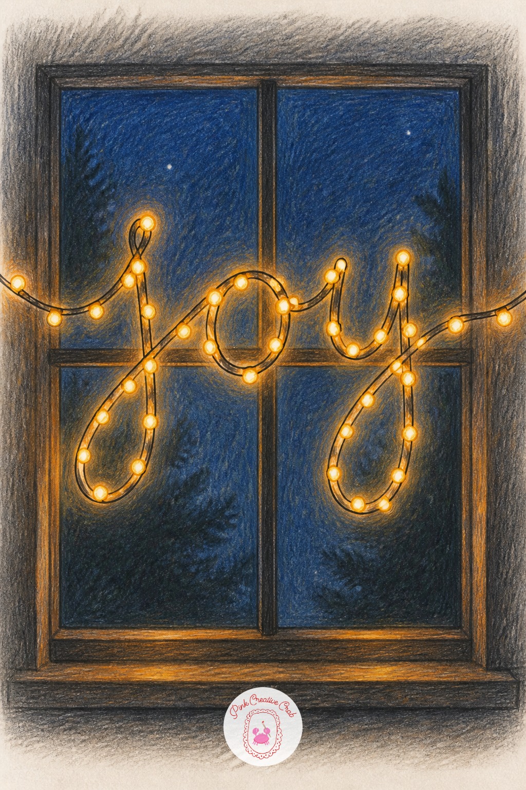 String Light Letters — Draw a loose cord looping across a window or porch railing, then place bulb shapes along the loops so they trace out each letter. Merry