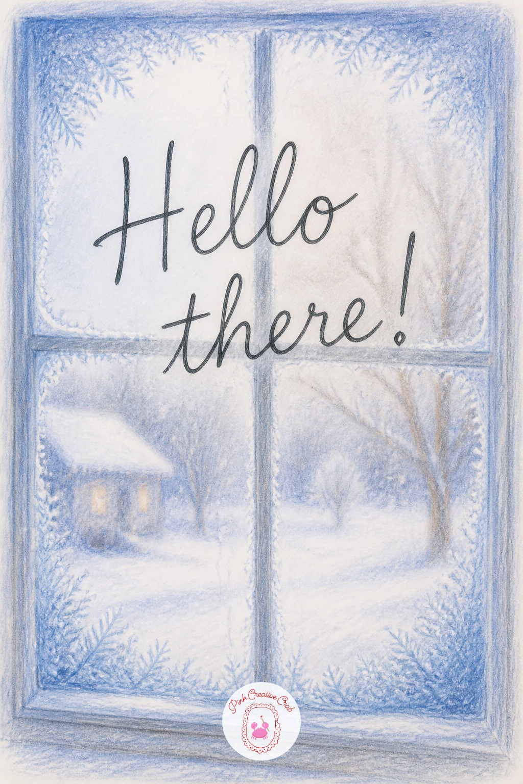 Steamed Window Greeting — Block in a simple window pane with a frosty blue edge, leaving the center area loose and pale. Merry christmas drawing