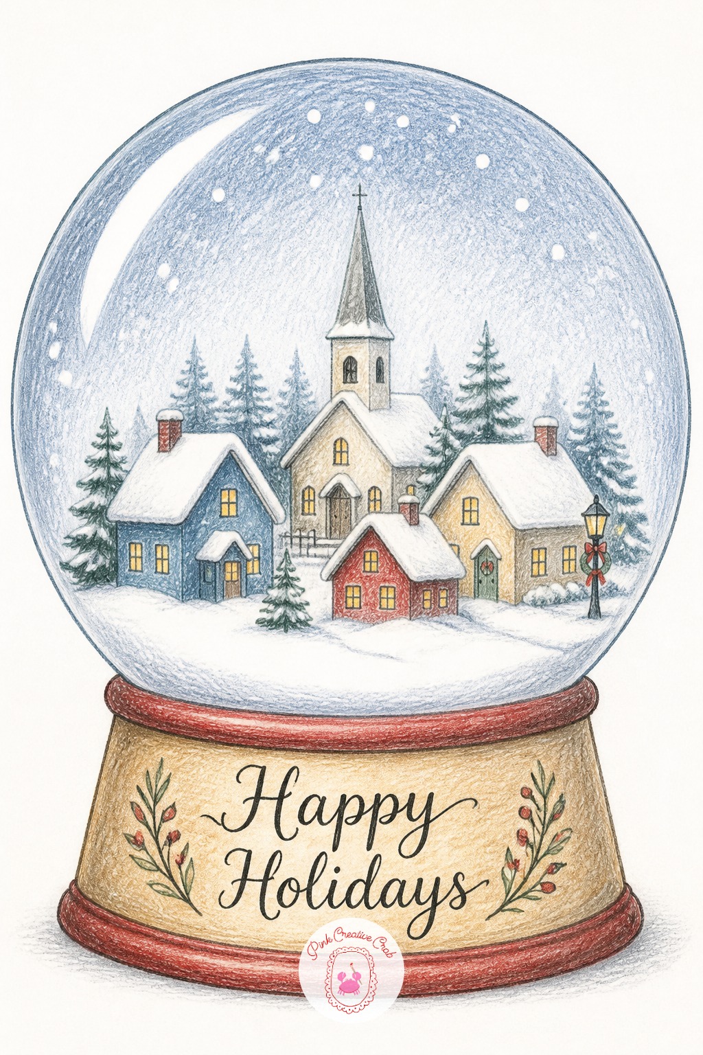 Snow Globe Etching — Sketch a round glass dome on a simple base, with a tiny snowy village inside drawn in loose, small shapes. Merry christmas drawing