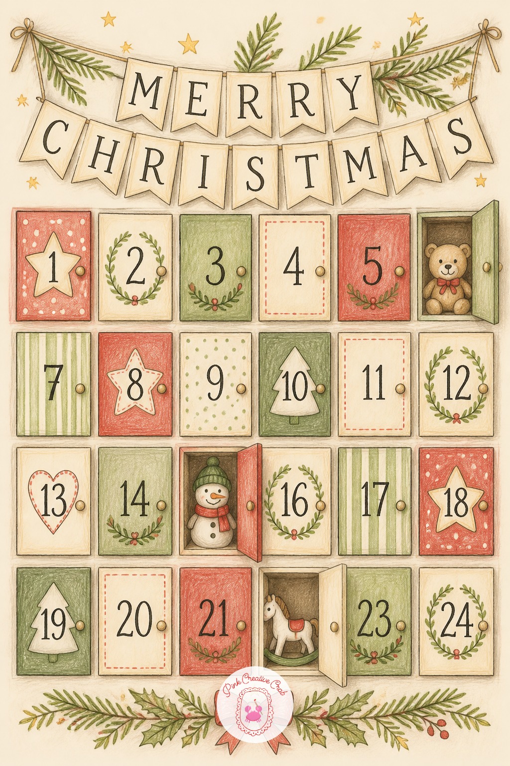 Advent Calendar Banner — Pencil a light grid of small numbered doors across the page, then drape a banner above the top row carrying the greeting. Merry