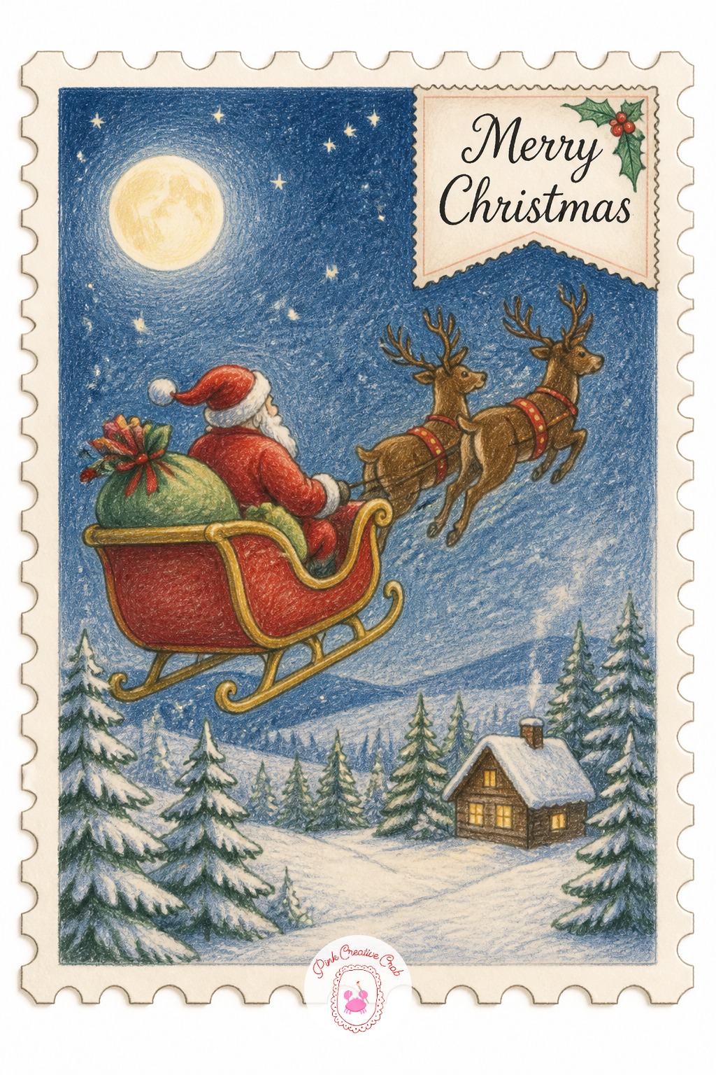 Christmas Card Stamp — Draw a simple card scene of a plain tree or a sleigh in one corner, then add a small stamp shape in the opposite corner with a tiny