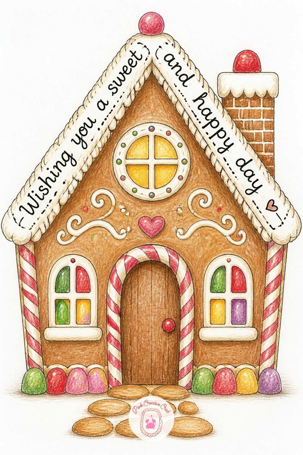 Gingerbread Roof Message — Sketch a simple gingerbread house with a triangle roof and gumdrop windows, then plan the greeting running along the roof ridge in