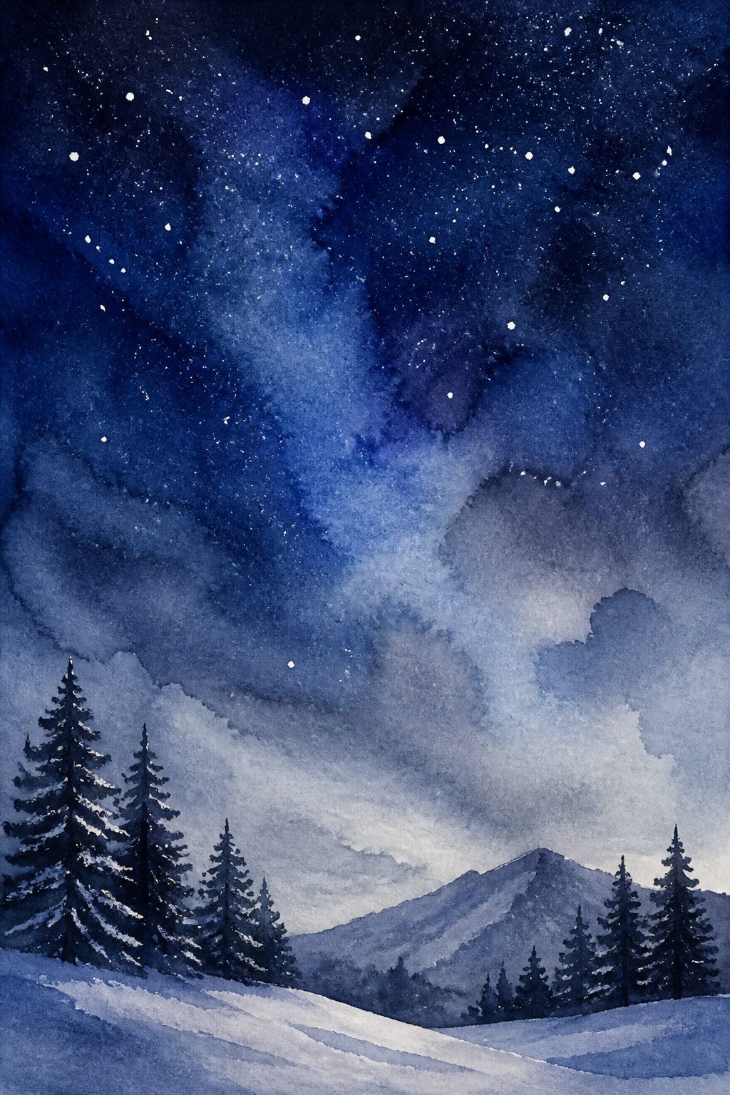 Starry Winter Night Sky — A plain stretch of night sky is forgiving and quick, which makes it a good subject for a tired evening. Christmas watercolor ideas