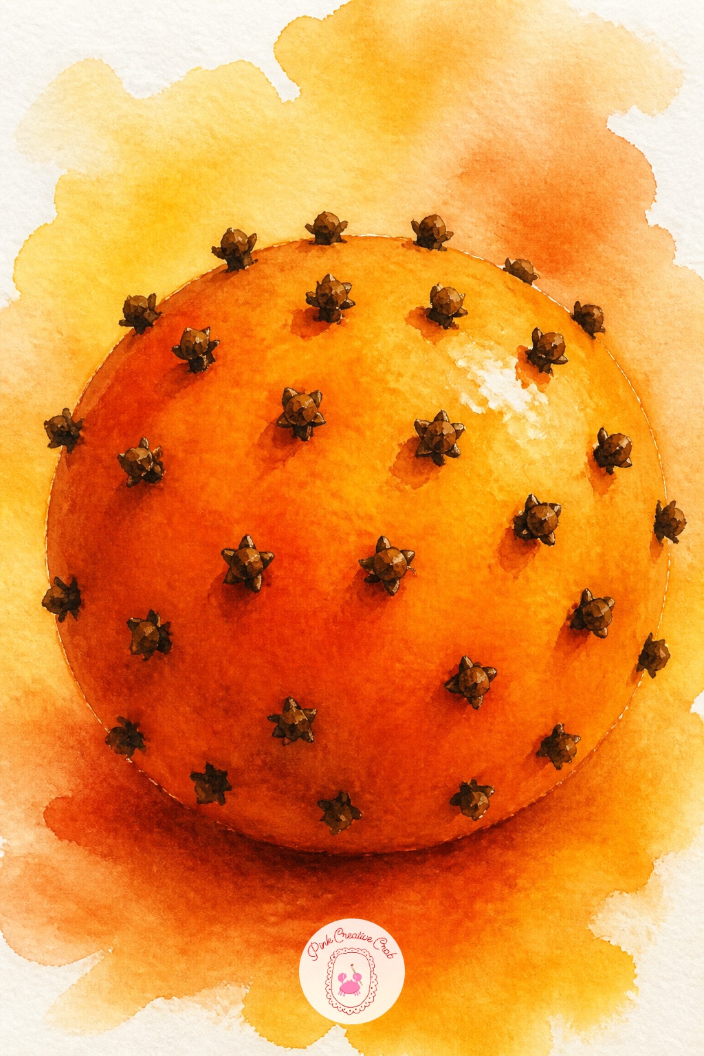 Clove Studded Orange — A pomander orange is a round shape with a pattern on top, good practice for controlled dots. Christmas watercolor ideas